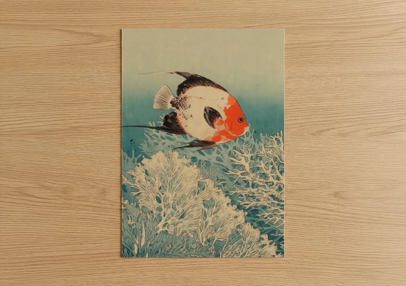 Art print on warm oak wood — teal and cream palette — Coral Angel Fish poster