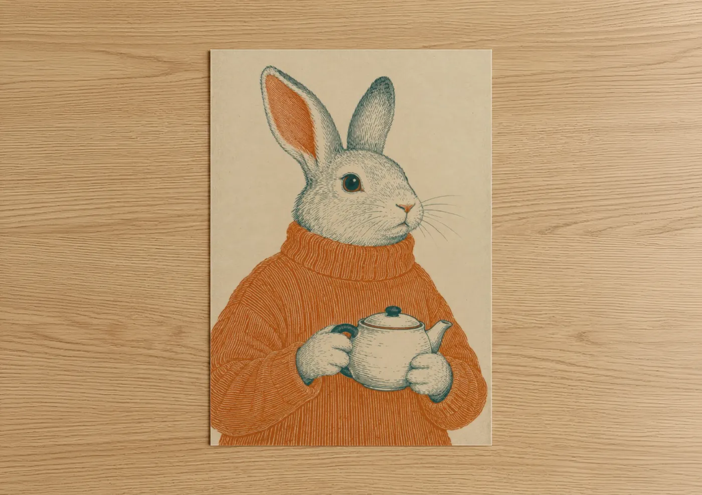 Art print on warm oak wood — beige and orange palette — Vintage Rabbit Tea Time Wall Art poster