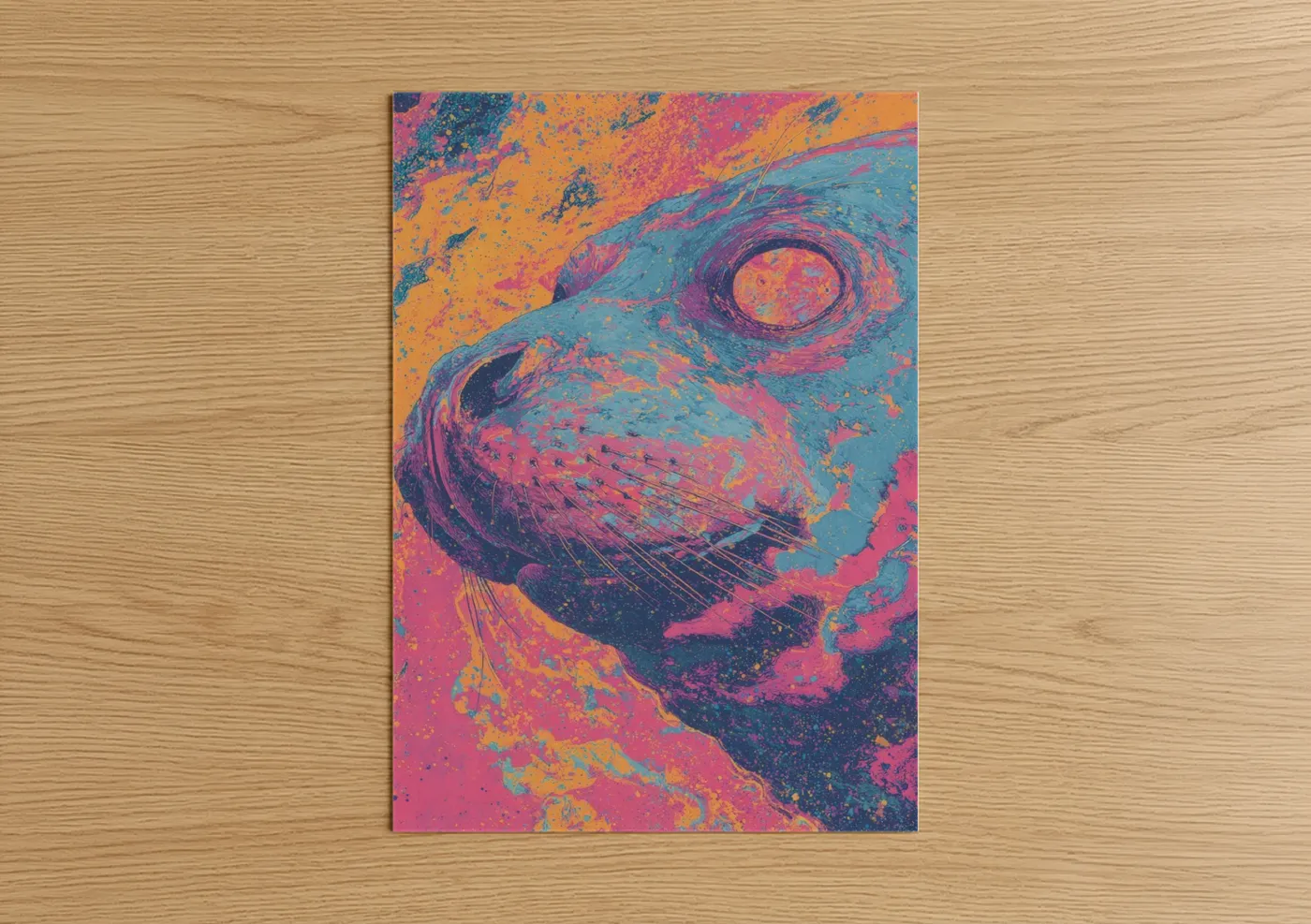 Art print on warm oak wood — magenta and teal palette — Neon Seal poster