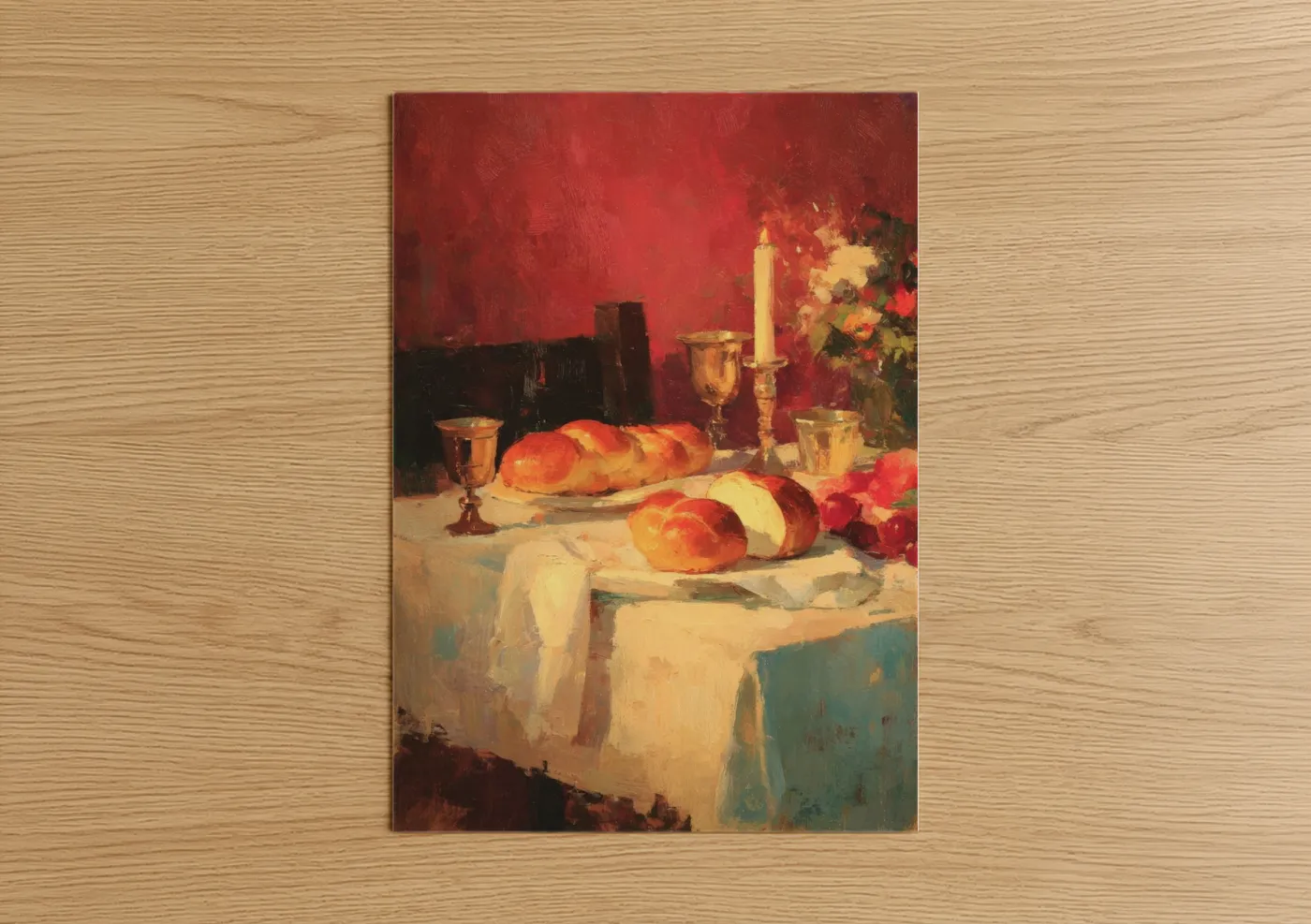 Shabbat Table Candles Bread Religious Wall Art