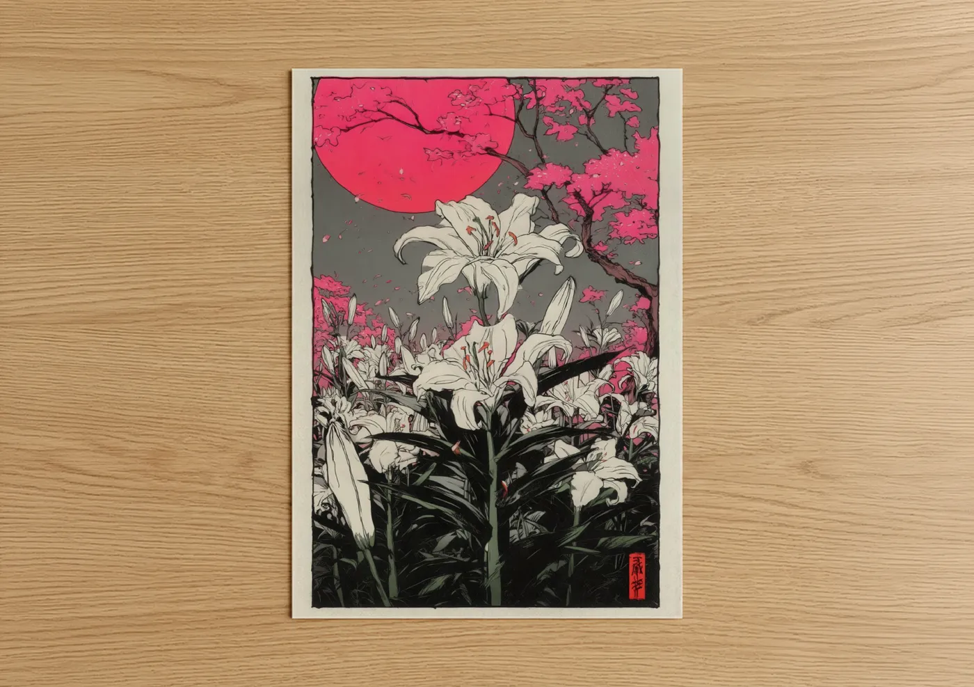 Amarillys art print on warm oak wood — magenta and black and white palette — Crimson Moon Amaryllis poster