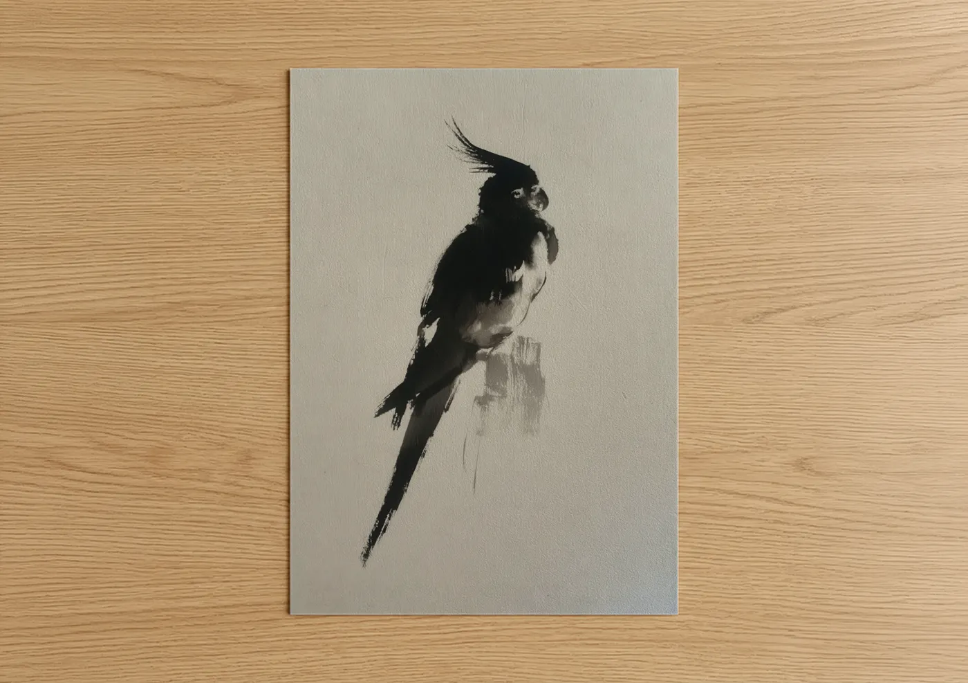 Art print on warm oak wood — black and white palette — Crested Cockatiel poster