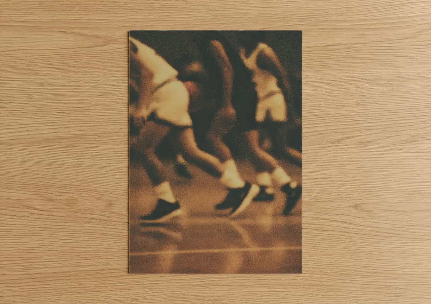 Art print on warm oak wood — gold and black palette — Vintage Basketball Movement poster