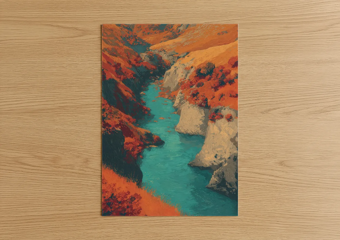 Art print on warm oak wood — orange and teal palette — Turquoise Canyon poster