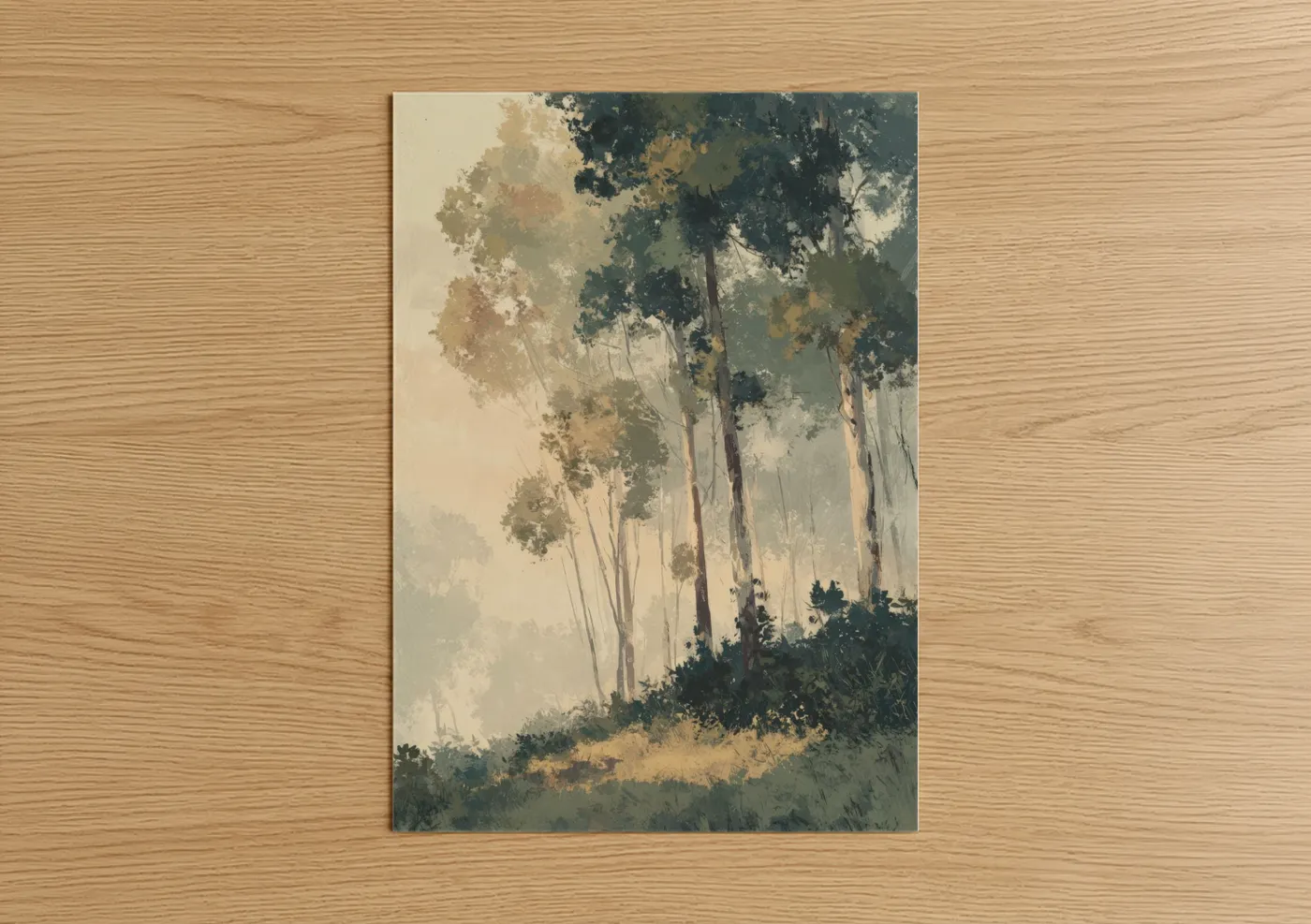 Art print on warm oak wood — sage green and cream palette — Misty Eucalyptus Forest poster