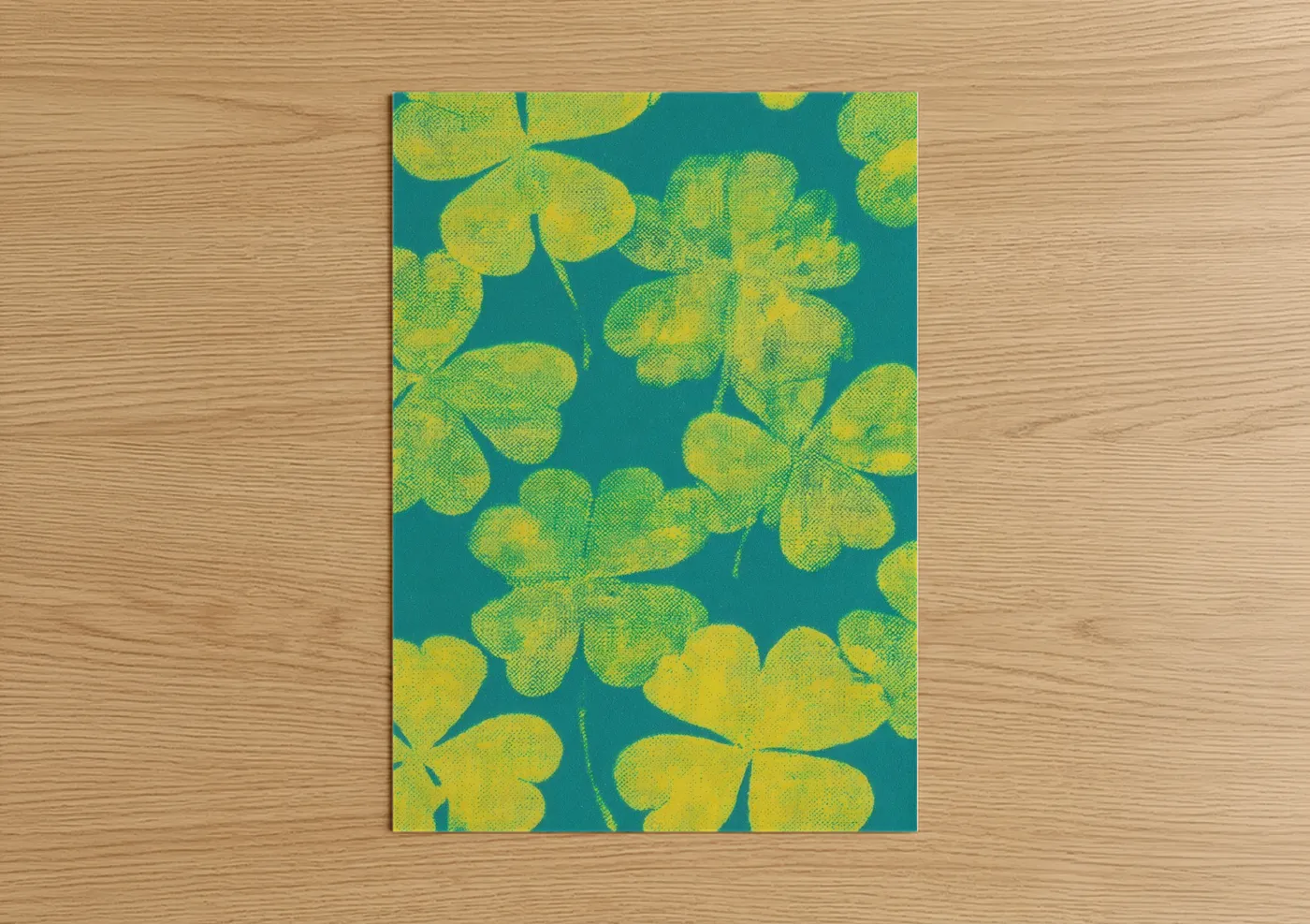 Golden Clover Pattern Teal Background Wall Art