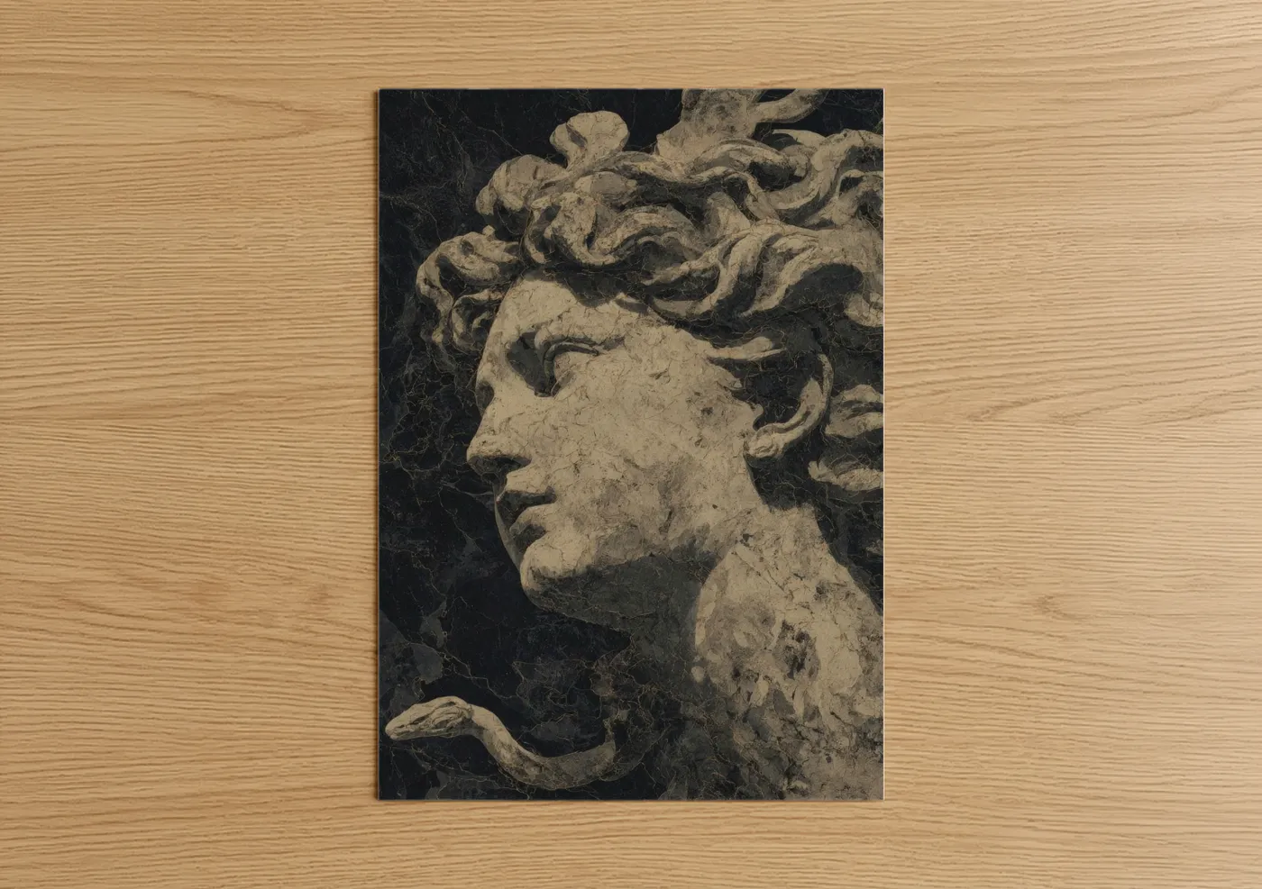 Art print on warm oak wood — black and white and cream palette — Classical Medusa poster