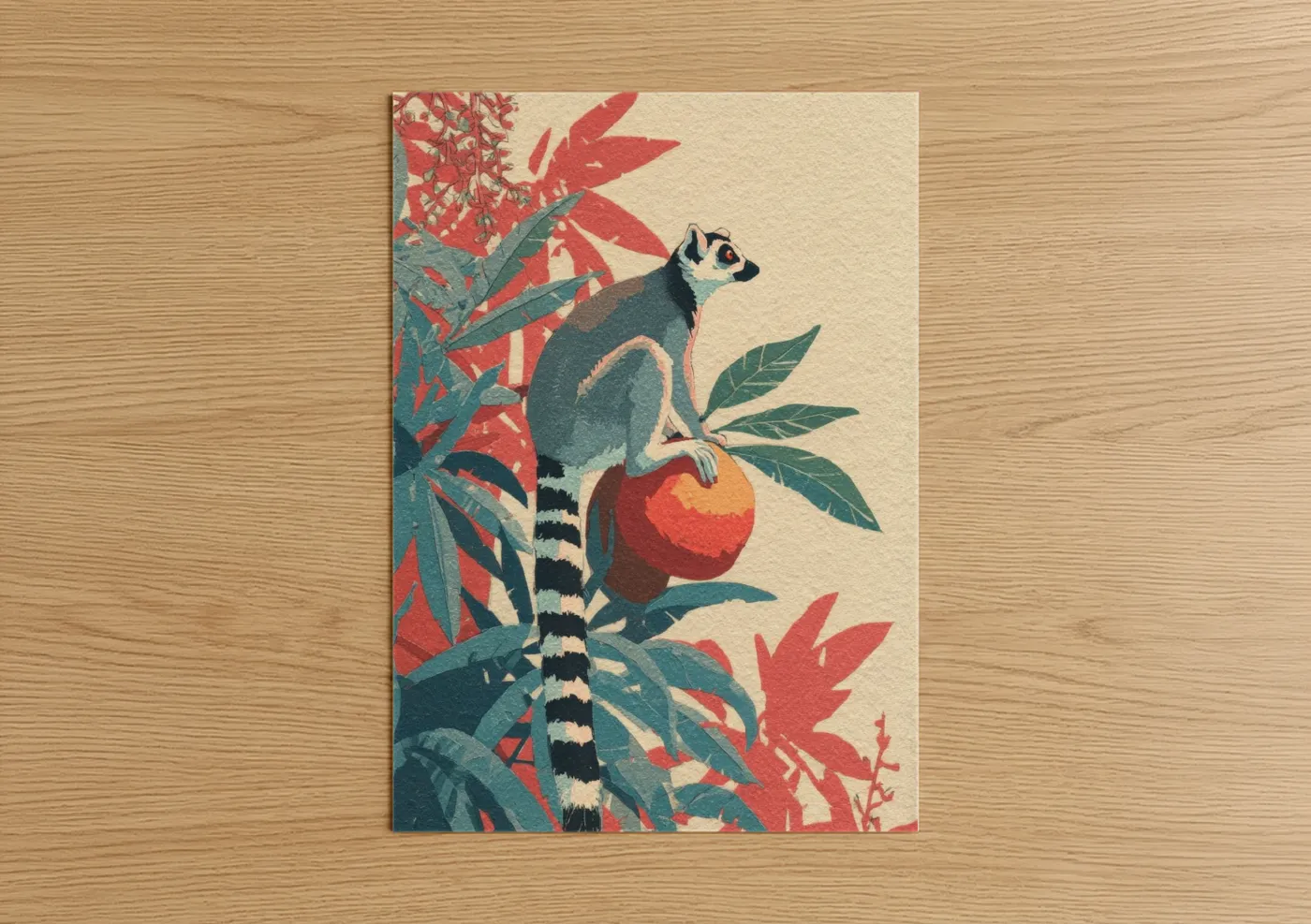 Art print on warm oak wood — red and teal palette — Tropical Lemur poster