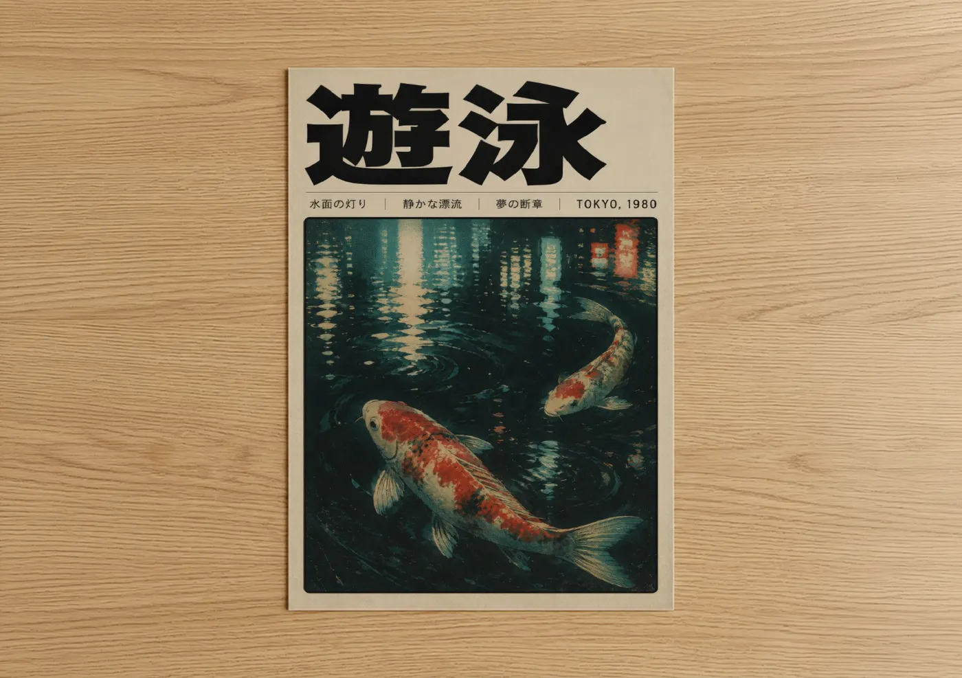 Art print on warm oak wood — teal and cream palette — Tokyo Koi Fish Reflection Wall Art poster