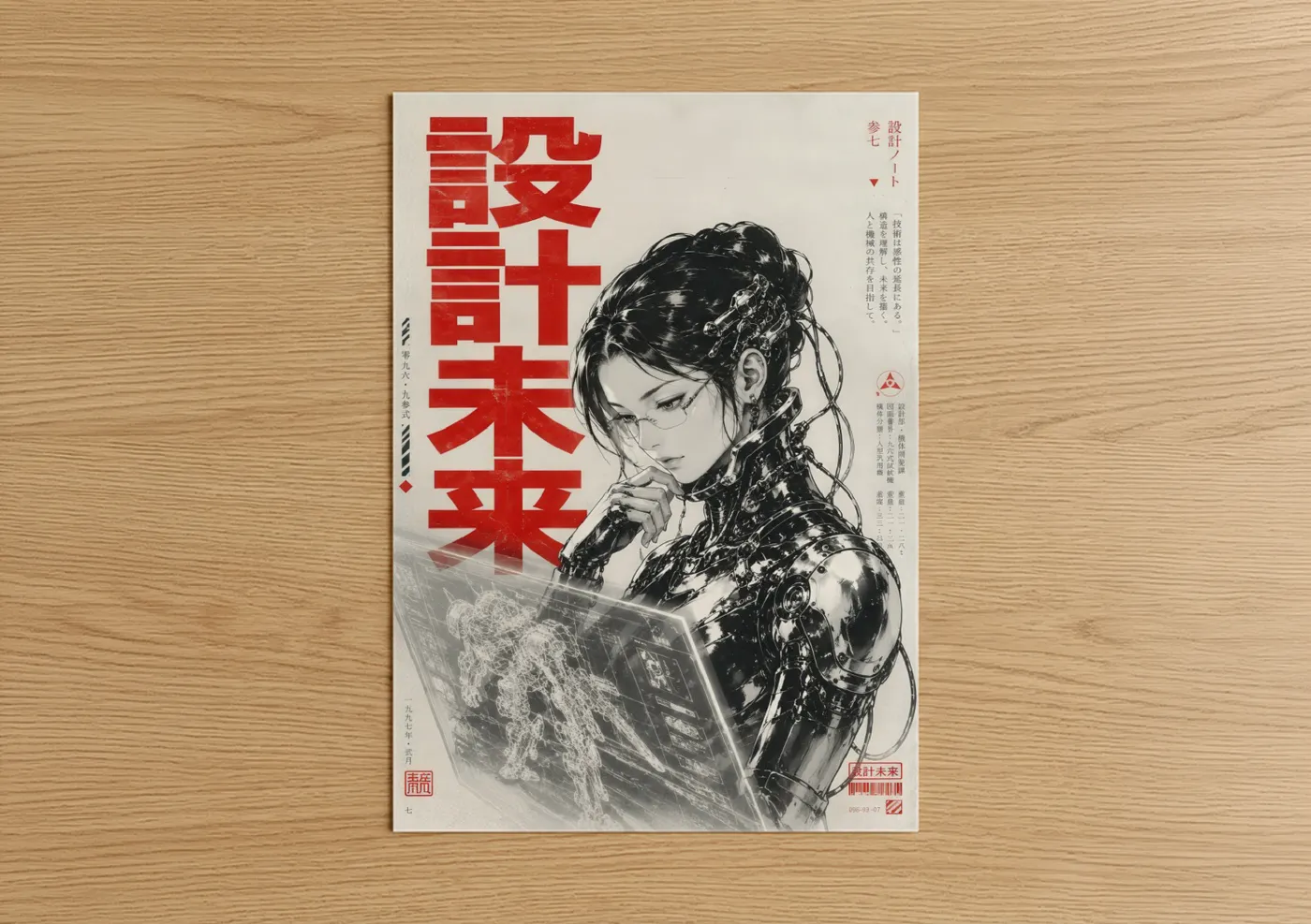 Art print on warm oak wood — red and black and white palette — Japanese Cyberpunk Woman Reading Wall Art poster