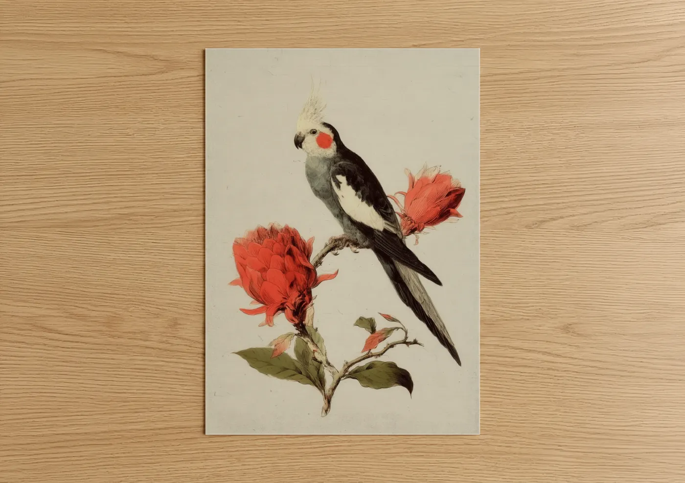 Scarlet Cockatiel Bird Botanical Illustration Wall Art