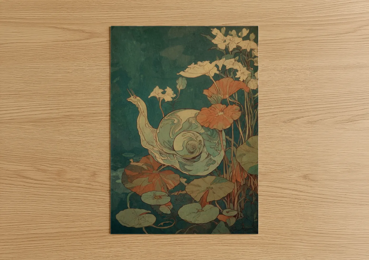 Art print on warm oak wood — teal and gold palette — Garden Snail poster