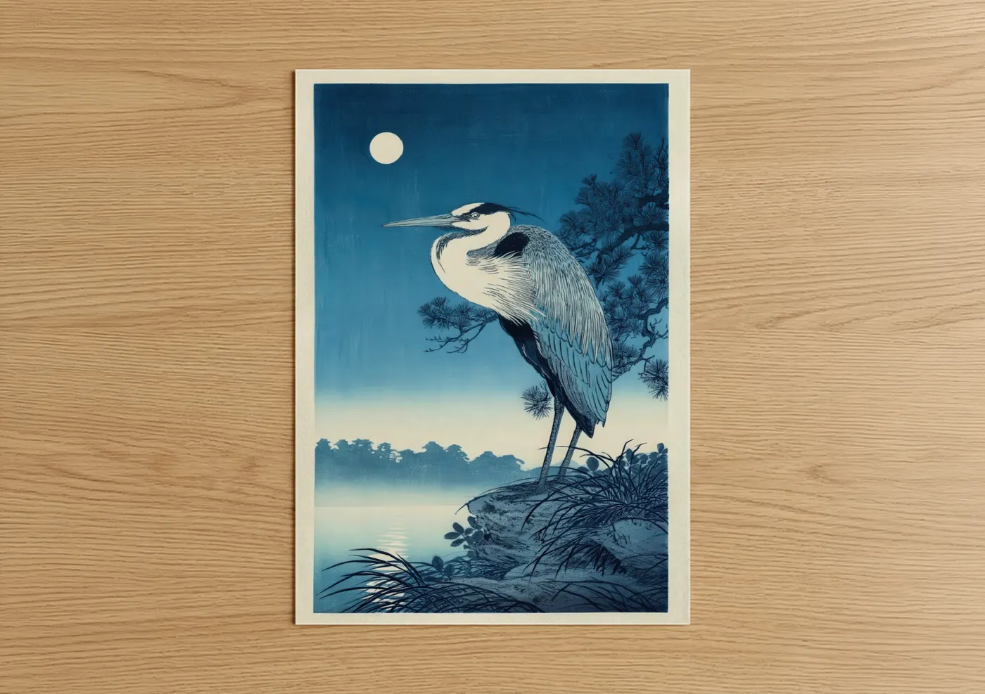 Moonlit Heron Night Watercolor Wall Art