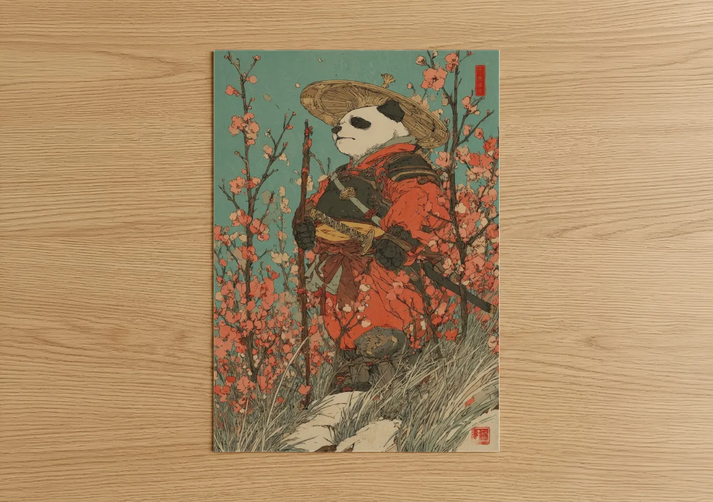 Art print on warm oak wood — sage green and orange palette — Samurai Panda poster