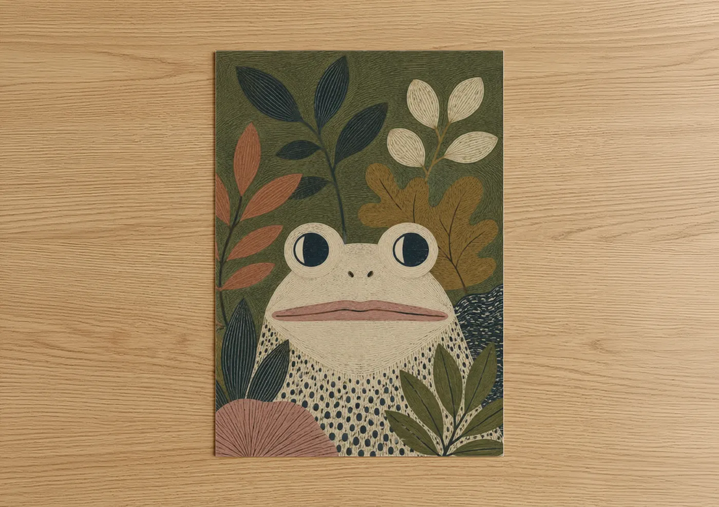 Frogs and toads art print on warm oak wood — olive and beige palette — Botanical Frog Illustration Wall Art poster