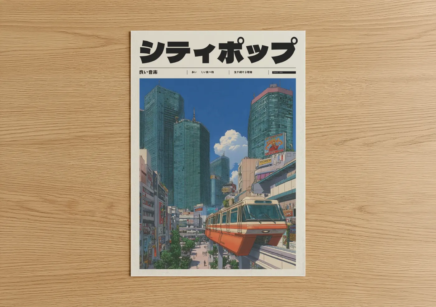 Anime and manga art print on warm oak wood — blue and orange palette — Shibuya Pop poster