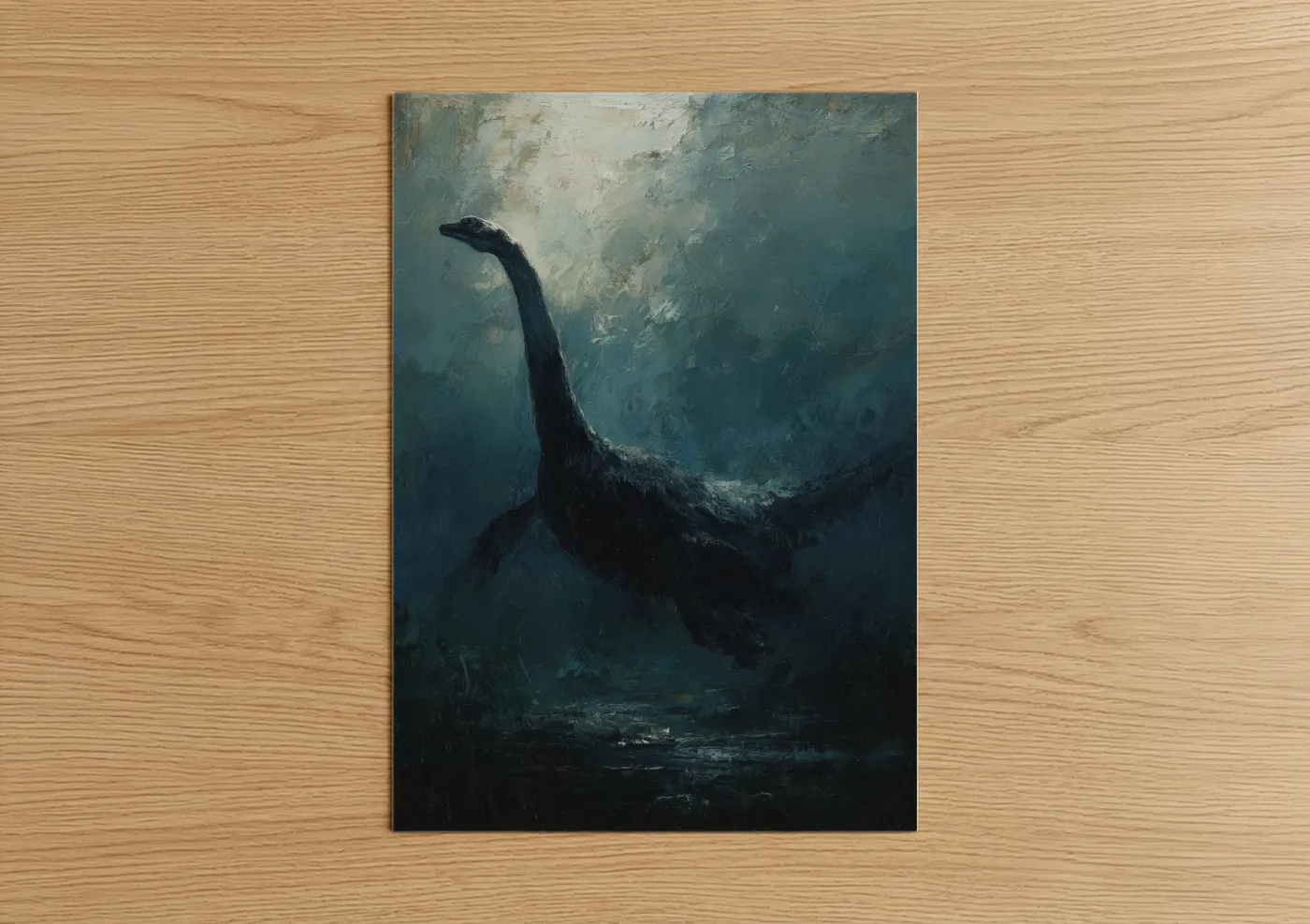 Loch ness monster art print on warm oak wood — teal and cream palette — Mysterious Depths poster