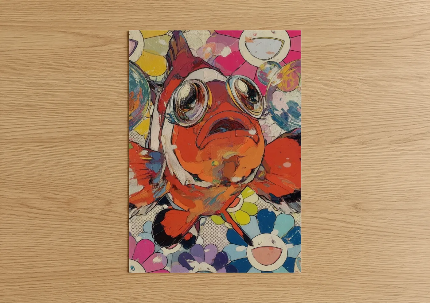 Art print on warm oak wood — orange and magenta palette — Playful Clown Fish poster