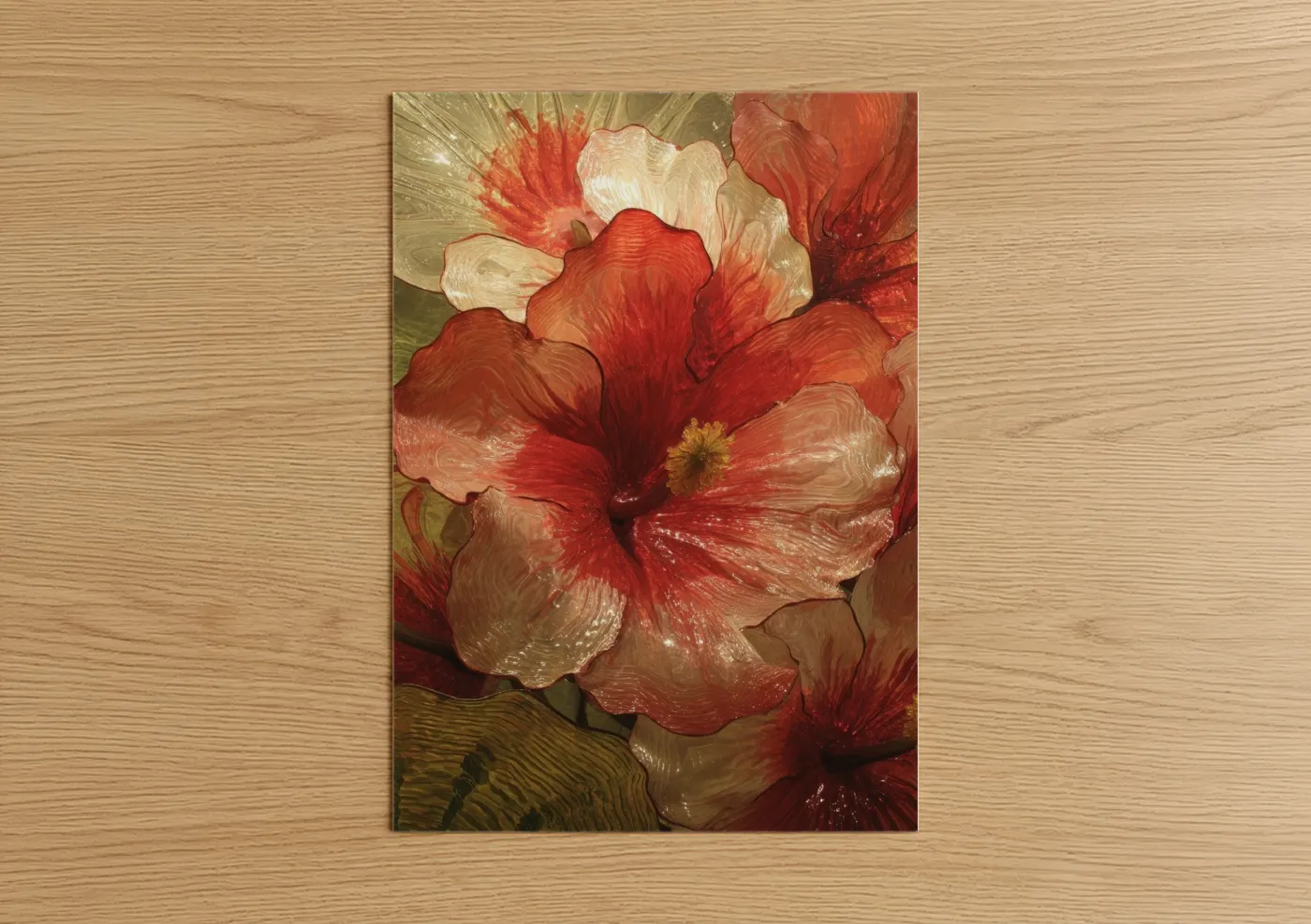 Art print on warm oak wood — red and gold palette — Crimson Hibiscus Bloom poster