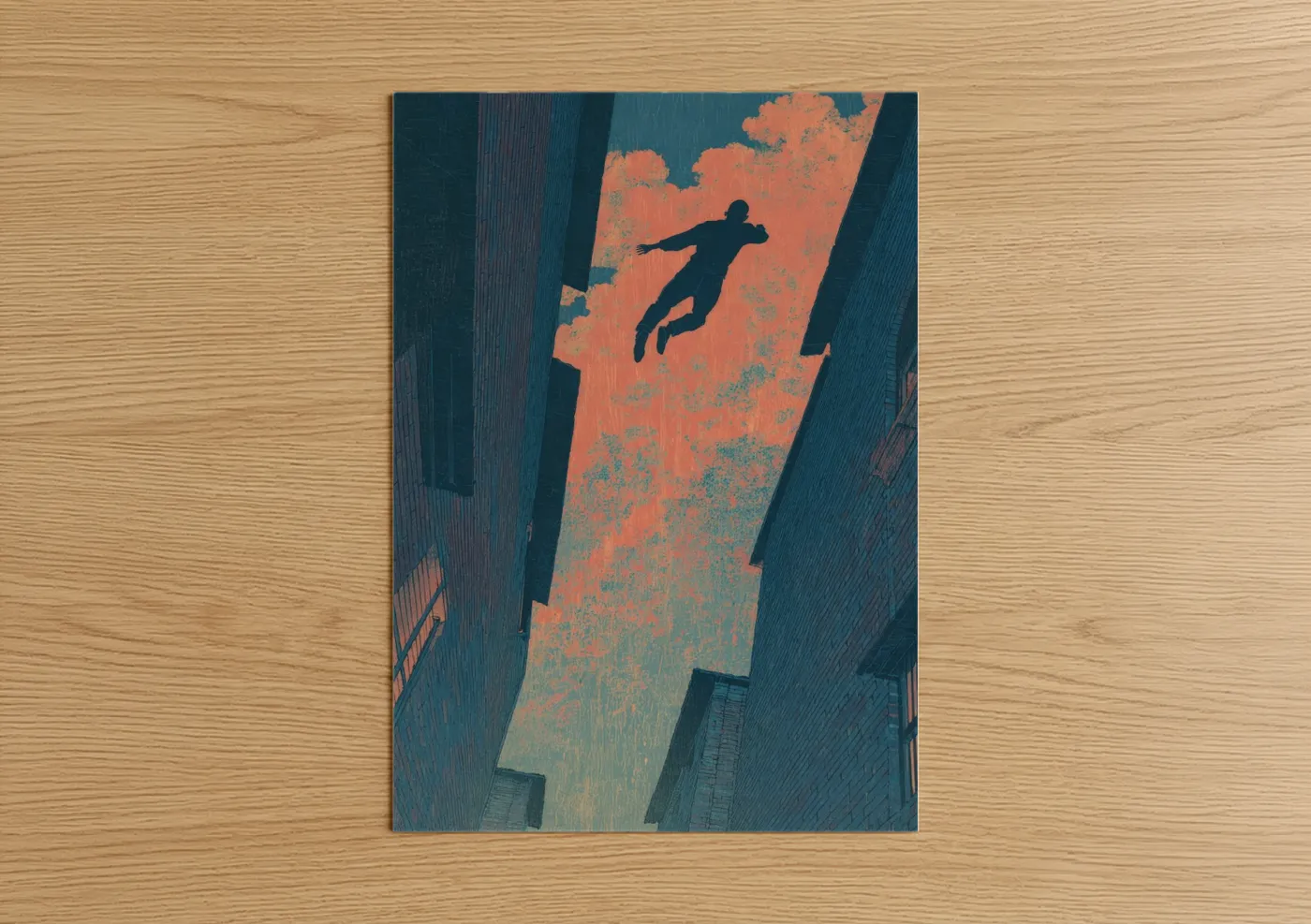 Parkour art print on warm oak wood — teal and orange palette — Urban Leap poster