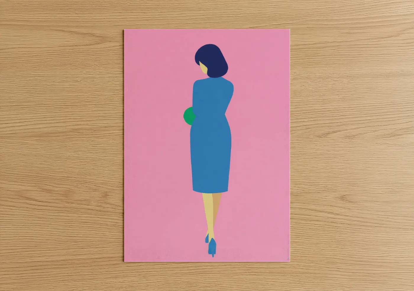 Fashion illustration art print on warm oak wood — pink and blue palette — Professional Woman Illustration poster
