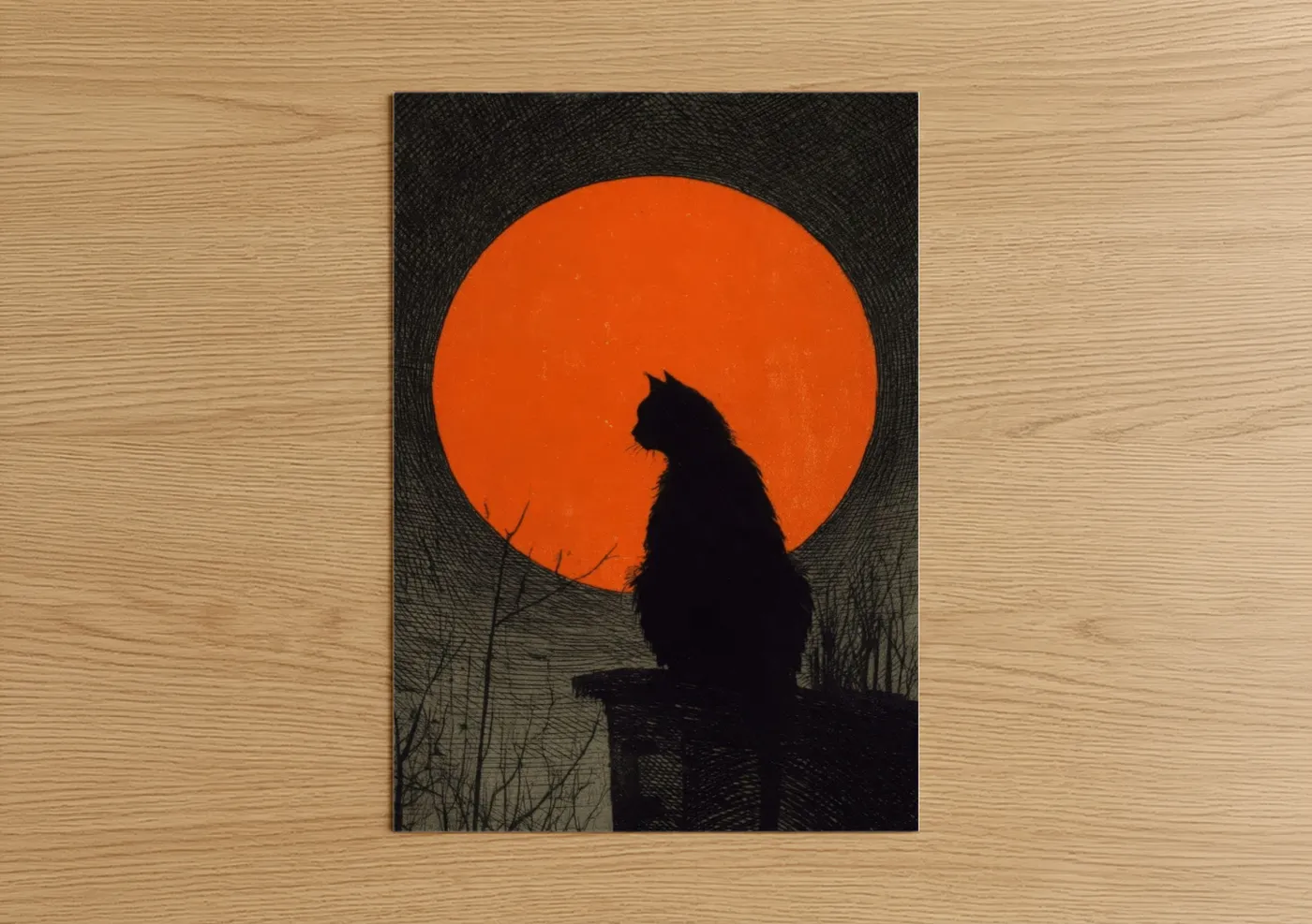 Art print on warm oak wood — orange and black palette — Silhouette Sunset Cat poster
