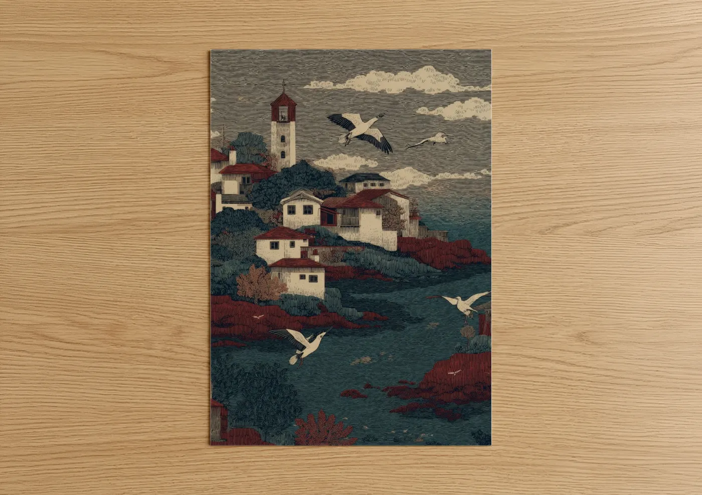 Coastal Lighthouse Village Woodblock Wall Art