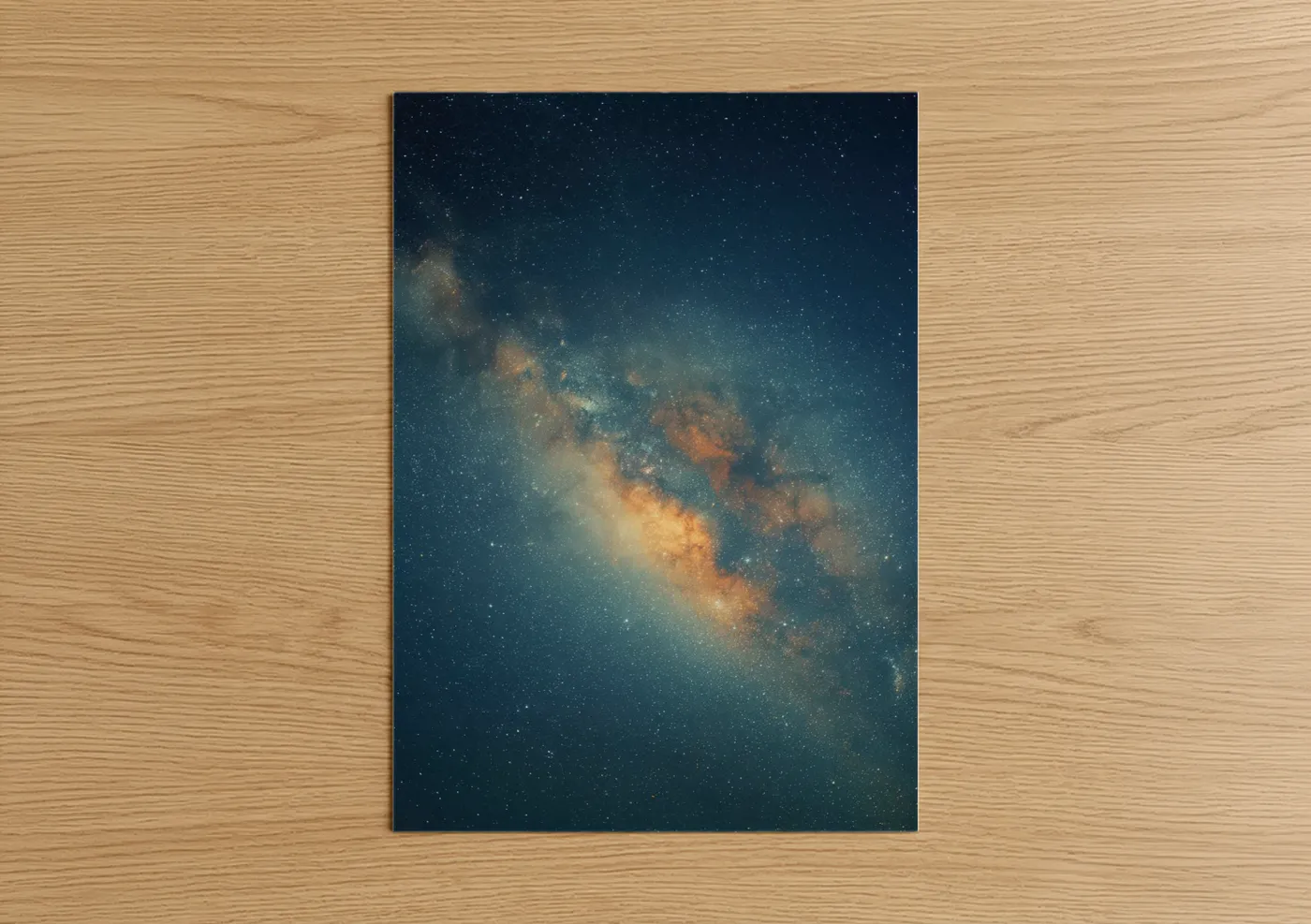 Galaxy art print on warm oak wood — dark blue and gold palette — Milky Way Nebula poster