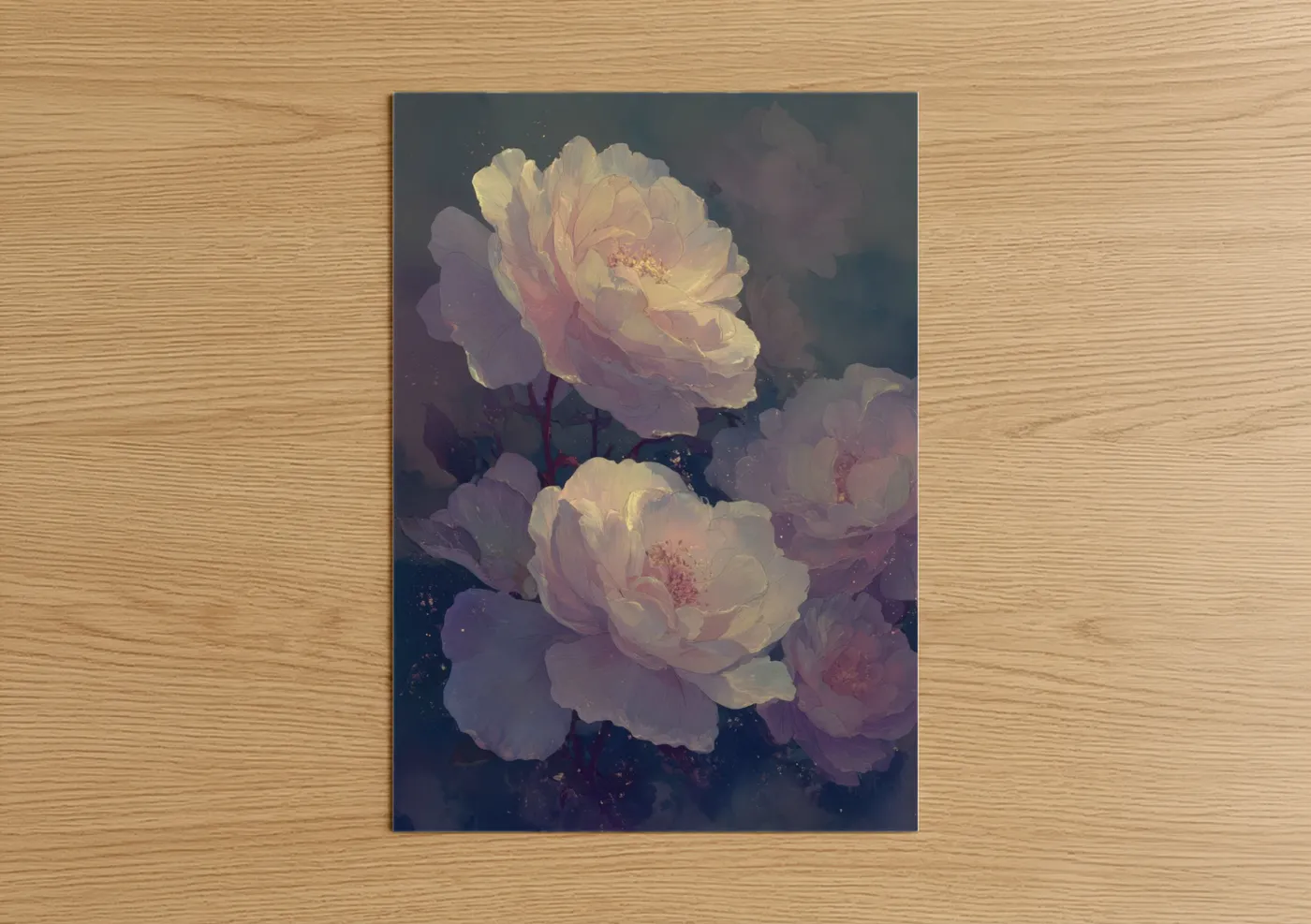 Roses art print on warm oak wood — pink and white palette — Luminous Peonies poster