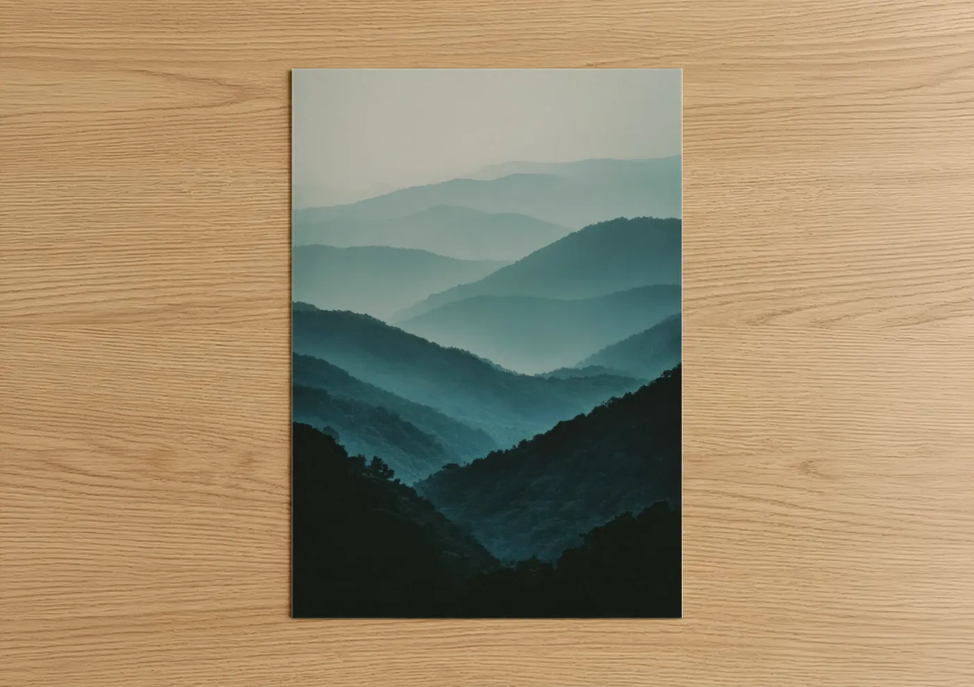 Blue ridge mountains art print on warm oak wood — blue and gray palette — Misty Ridge Layers poster