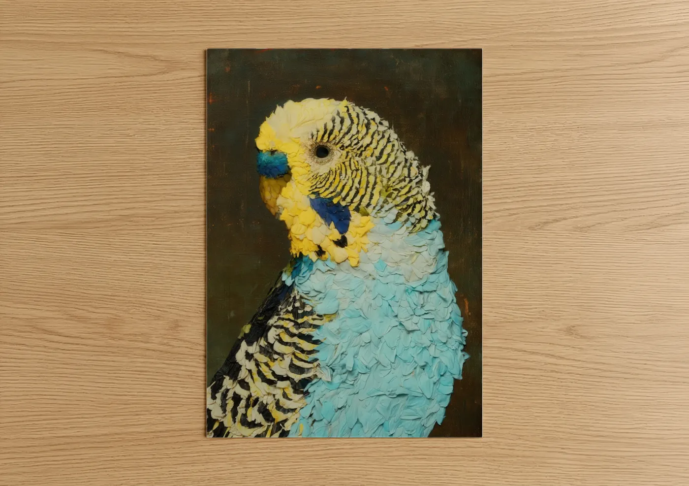 Budgeridar art print on warm oak wood — turquoise and yellow gold palette — Blue Parakeet Portrait poster
