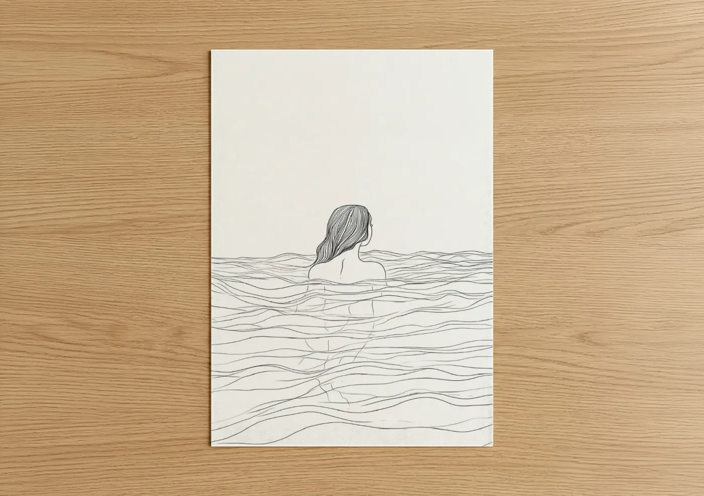 Art print on warm oak wood — black and white palette — Swimming Woman poster