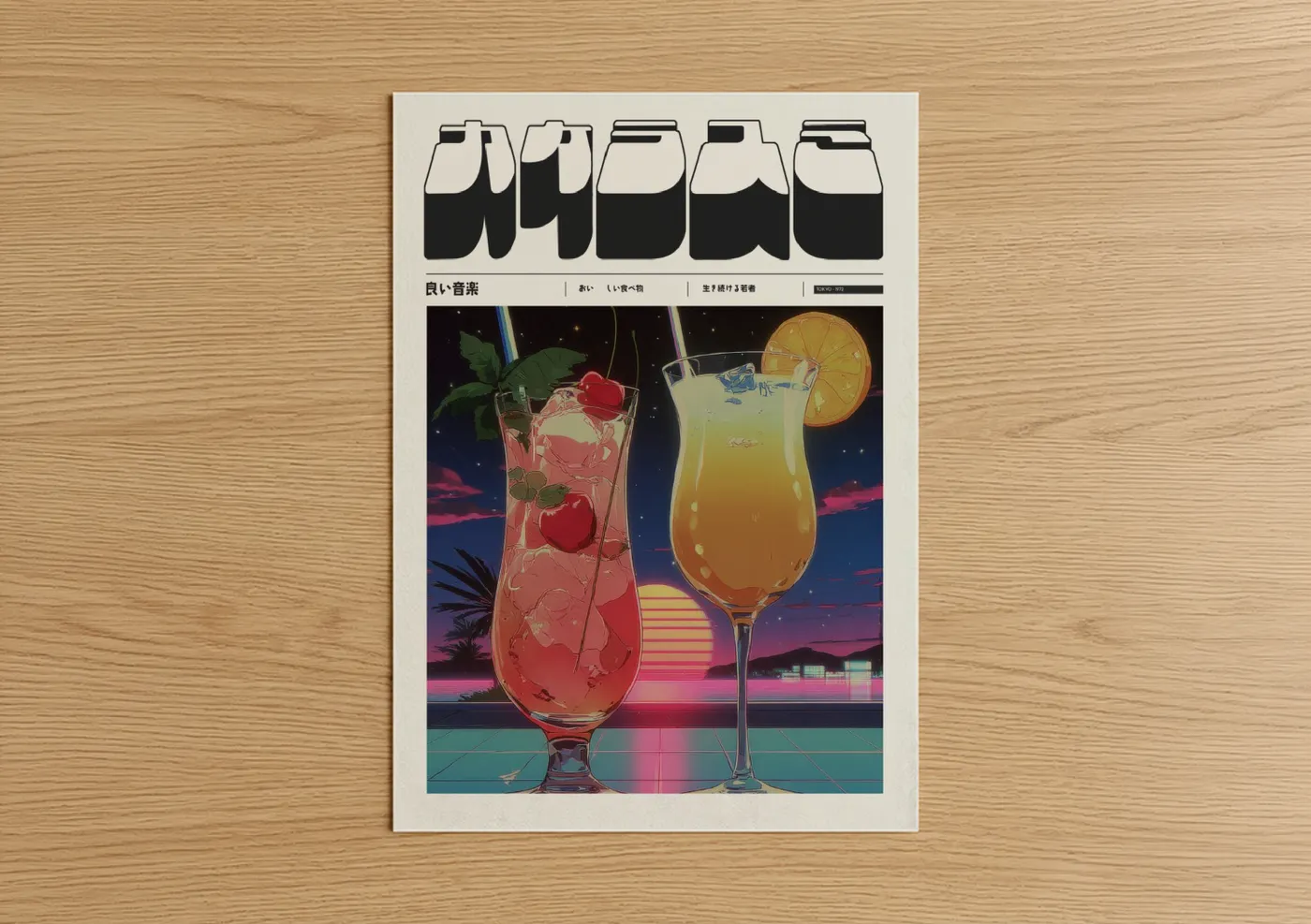Anime and manga art print on warm oak wood — magenta and gold palette — Neon Cocktail Hour poster