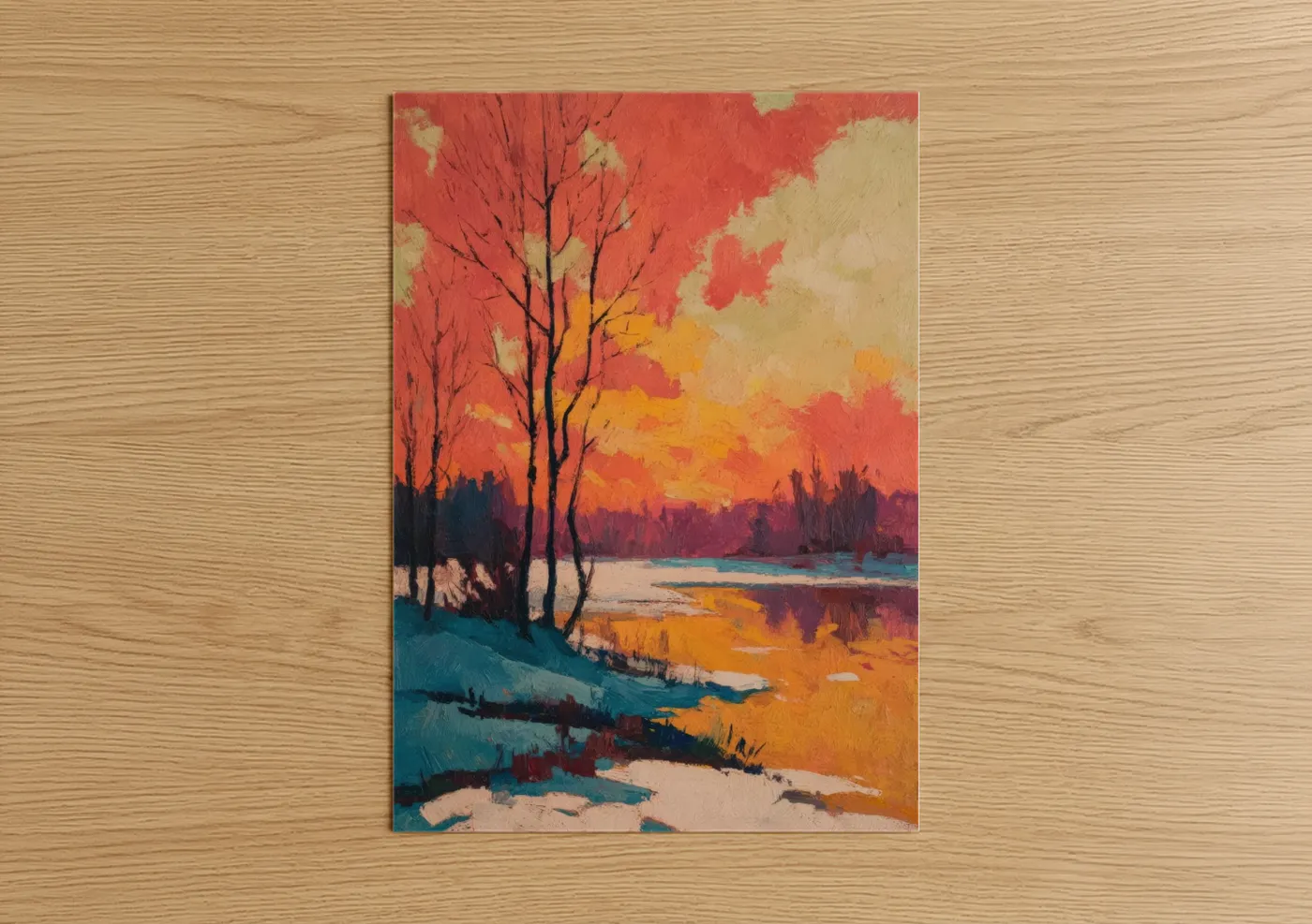 Art print on warm oak wood — red and gold palette — Crimson Winter Sunset poster