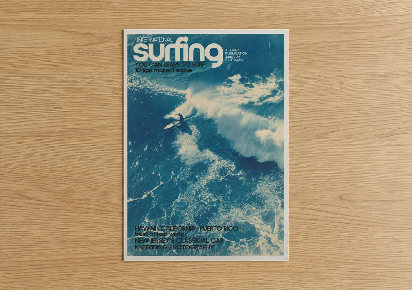 Surfing art print on warm oak wood — blue and white palette — Wave Rider Action poster