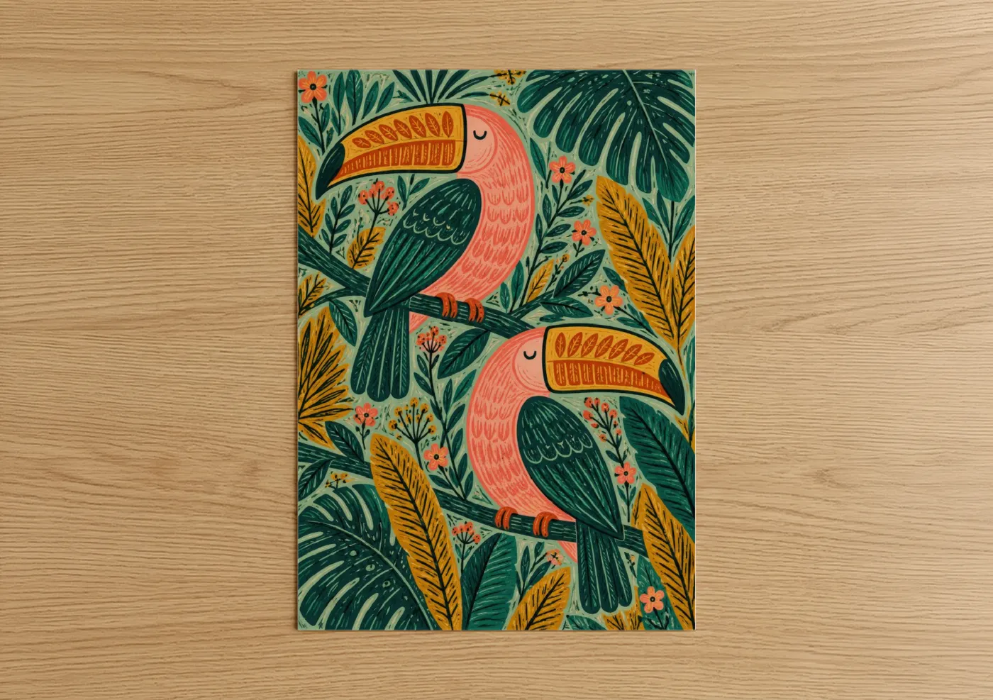 Art print on warm oak wood — teal and peach palette — Tropical Toucan In Jungle Foliage Wall Art poster