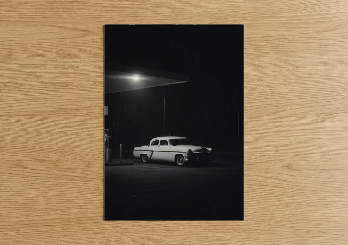 Classic car art print on warm oak wood — black and white palette — Midnight Classic poster