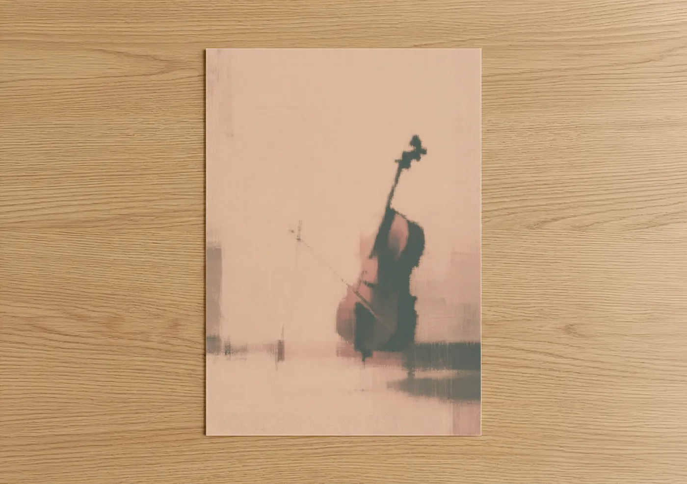 Art print on warm oak wood — peach and dove gray palette — Misty Cello poster