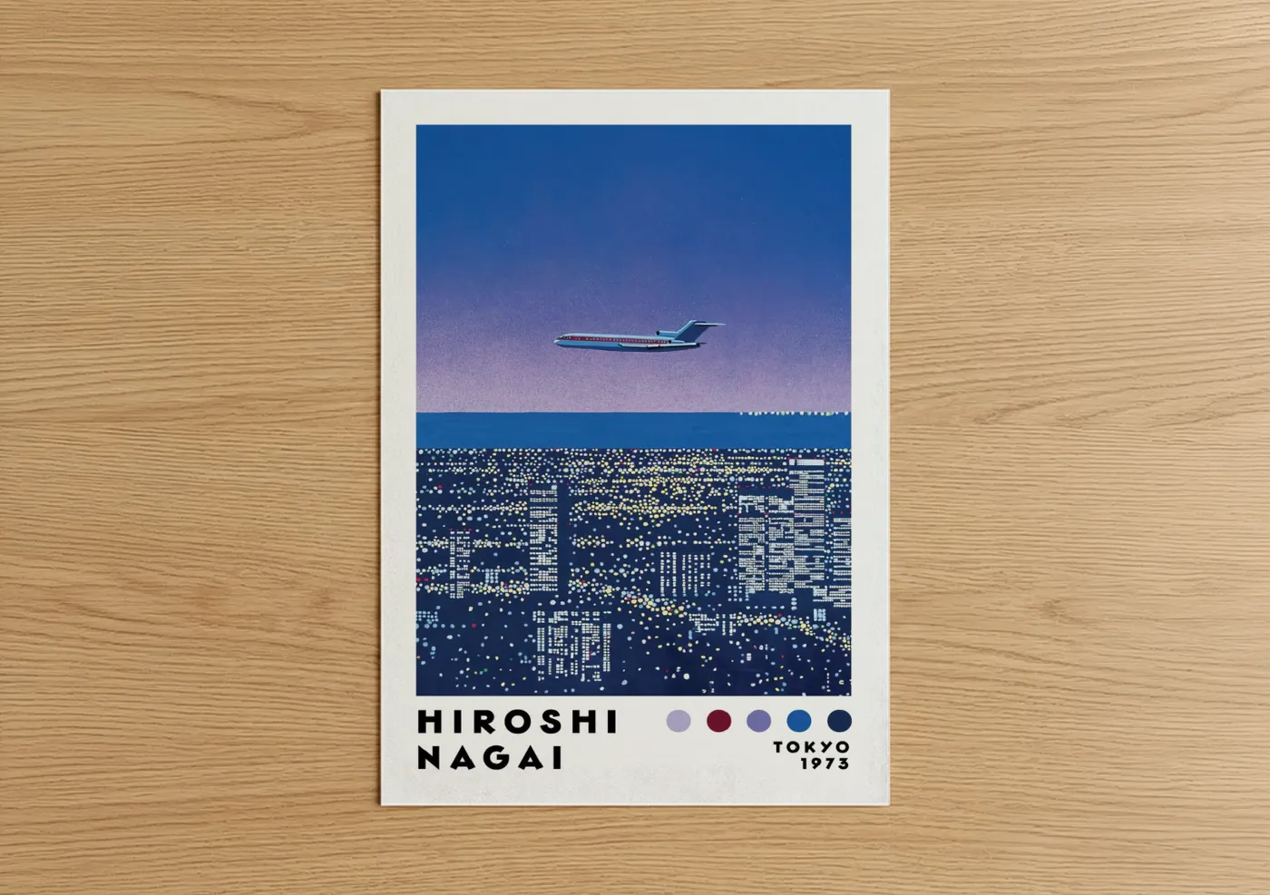 Art print on warm oak wood — blue and lavender palette — Tokyo Night Cityscape Airplane Wall Art poster