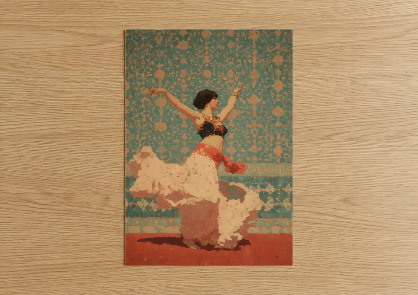 Art print on warm oak wood — teal palette — Vintage Belly Dancer poster
