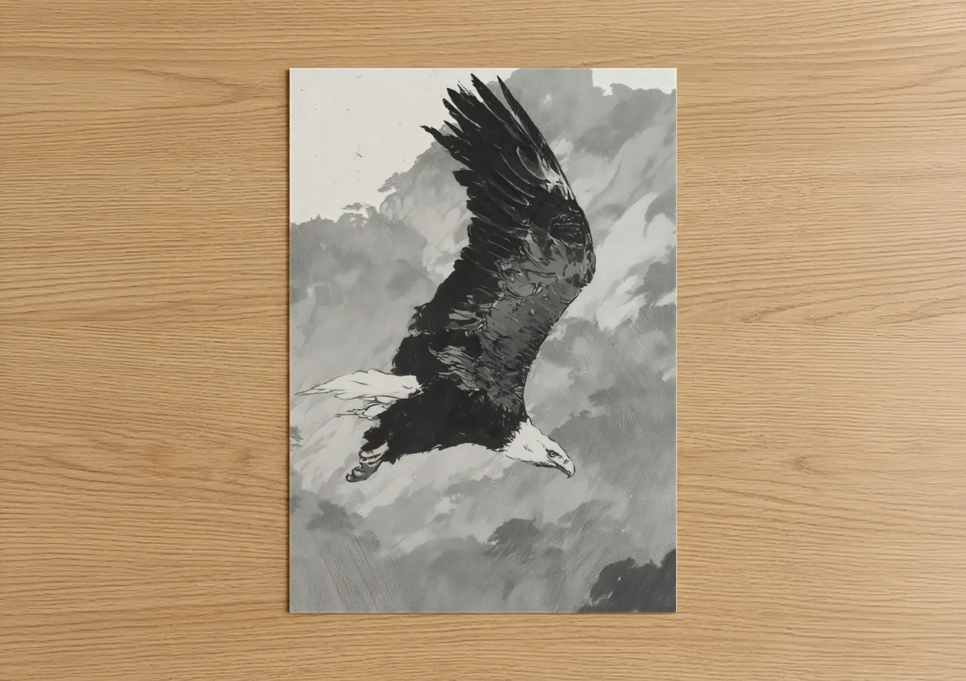 Art print on warm oak wood — black and white and gray palette — Soaring Eagle poster