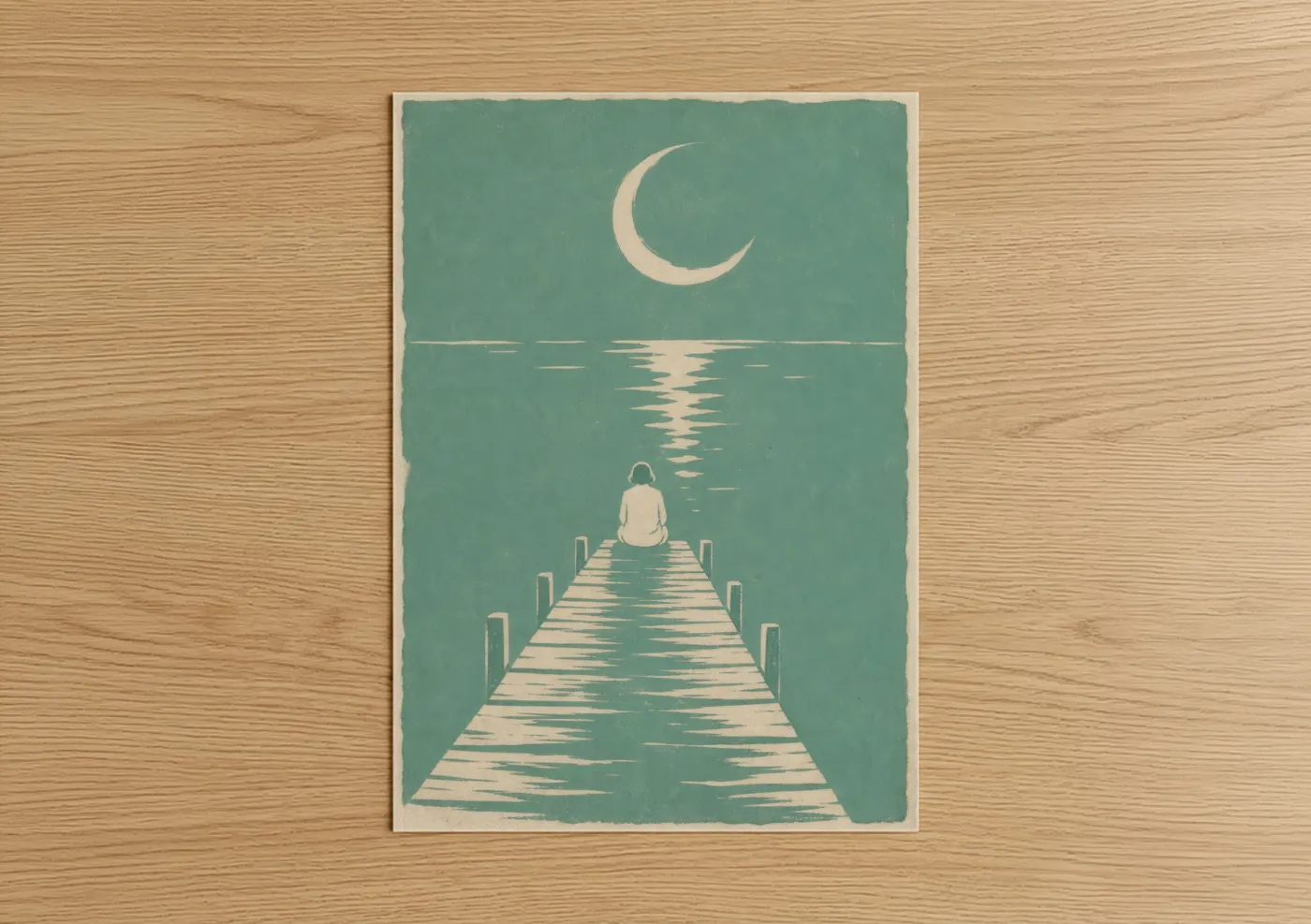 Art print on warm oak wood — teal and cream palette — Moonlit Dock Meditation Wall Art poster