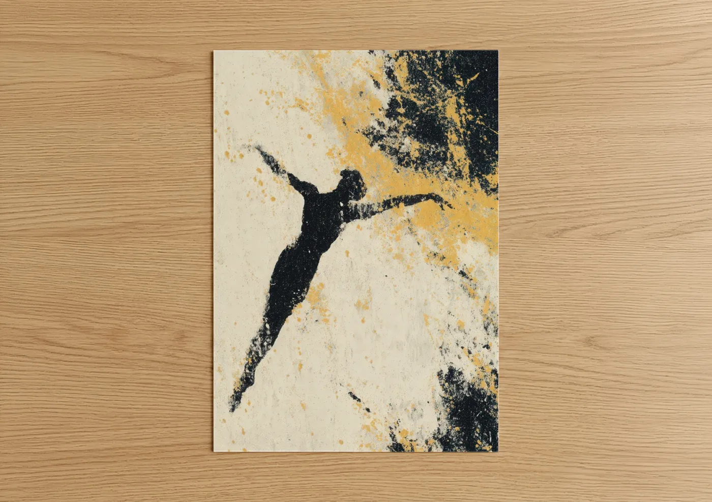 Gymnastics art print on warm oak wood — black and gold and cream palette — Dynamic Gymnast poster
