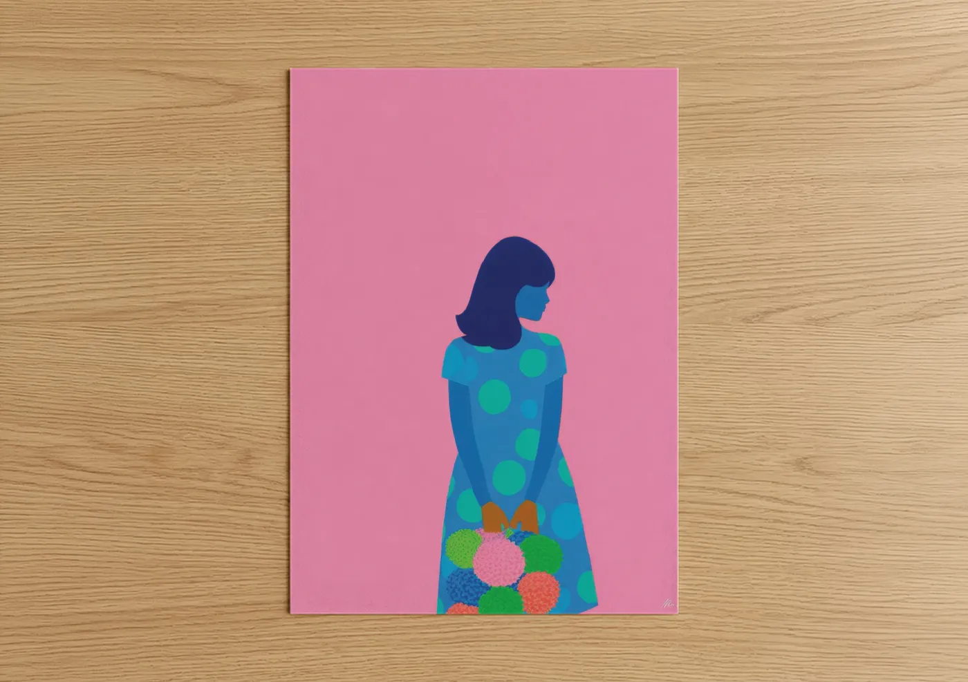 Fashion illustration art print on warm oak wood — pink and blue palette — Colorful Fashion Portrait poster