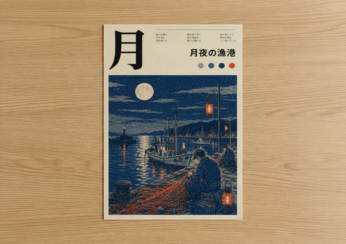 Night sky art print on warm oak wood — blue palette — Japanese Fishing Harbor Moonlit Night Wall Art poster