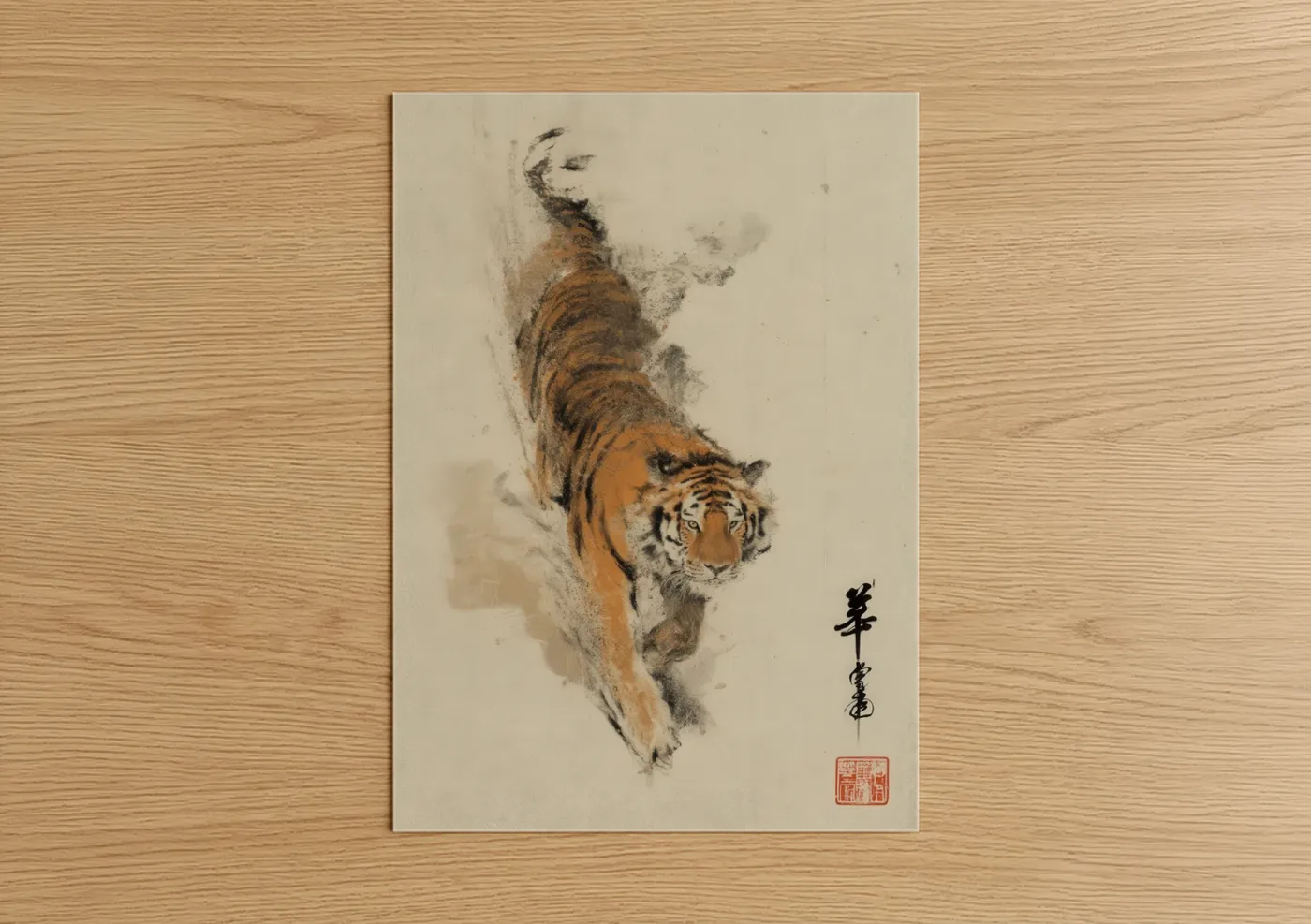 Descending Tiger Japanese Ink Wall Art
