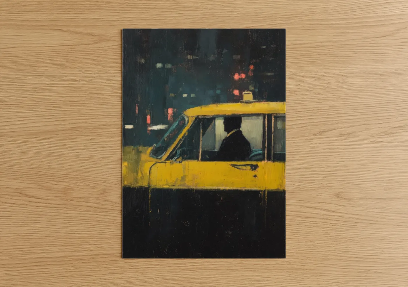 Taxi cab art print on warm oak wood — gold and black and blue palette — Rainy Taxi Night poster