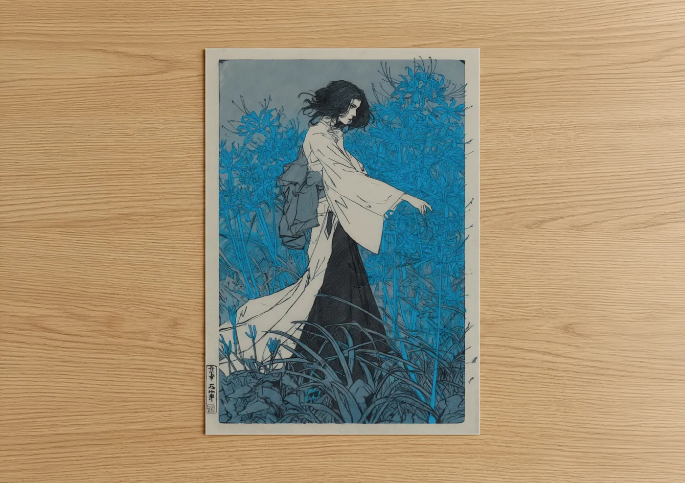 Woman in Blue Amarillys Flower Field Wall Art