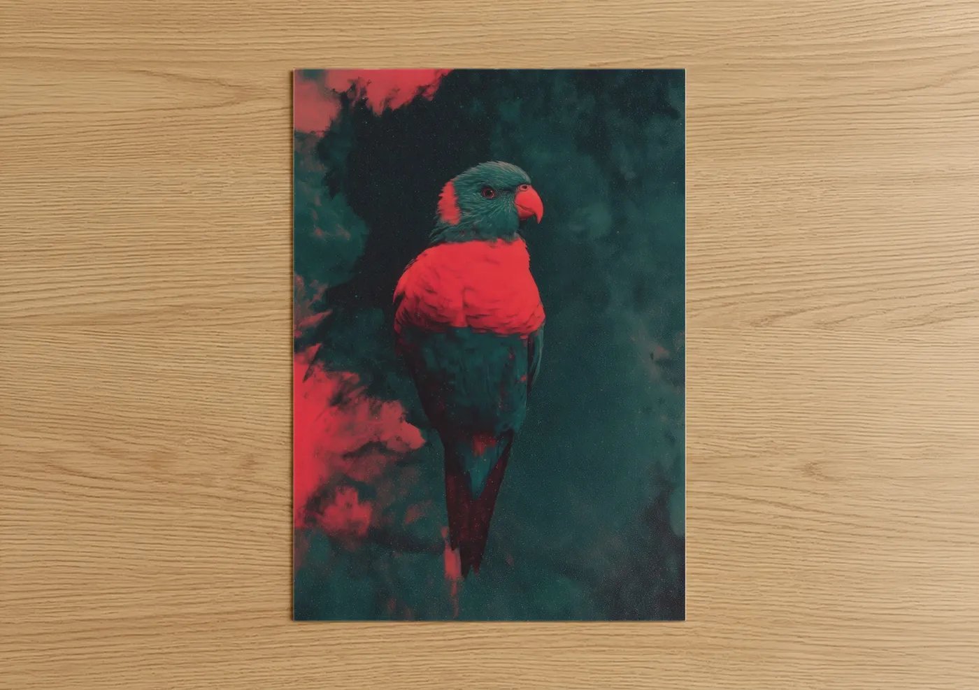 Rainbow lorikeet art print on warm oak wood — red and teal palette — Neon Lorikeet poster