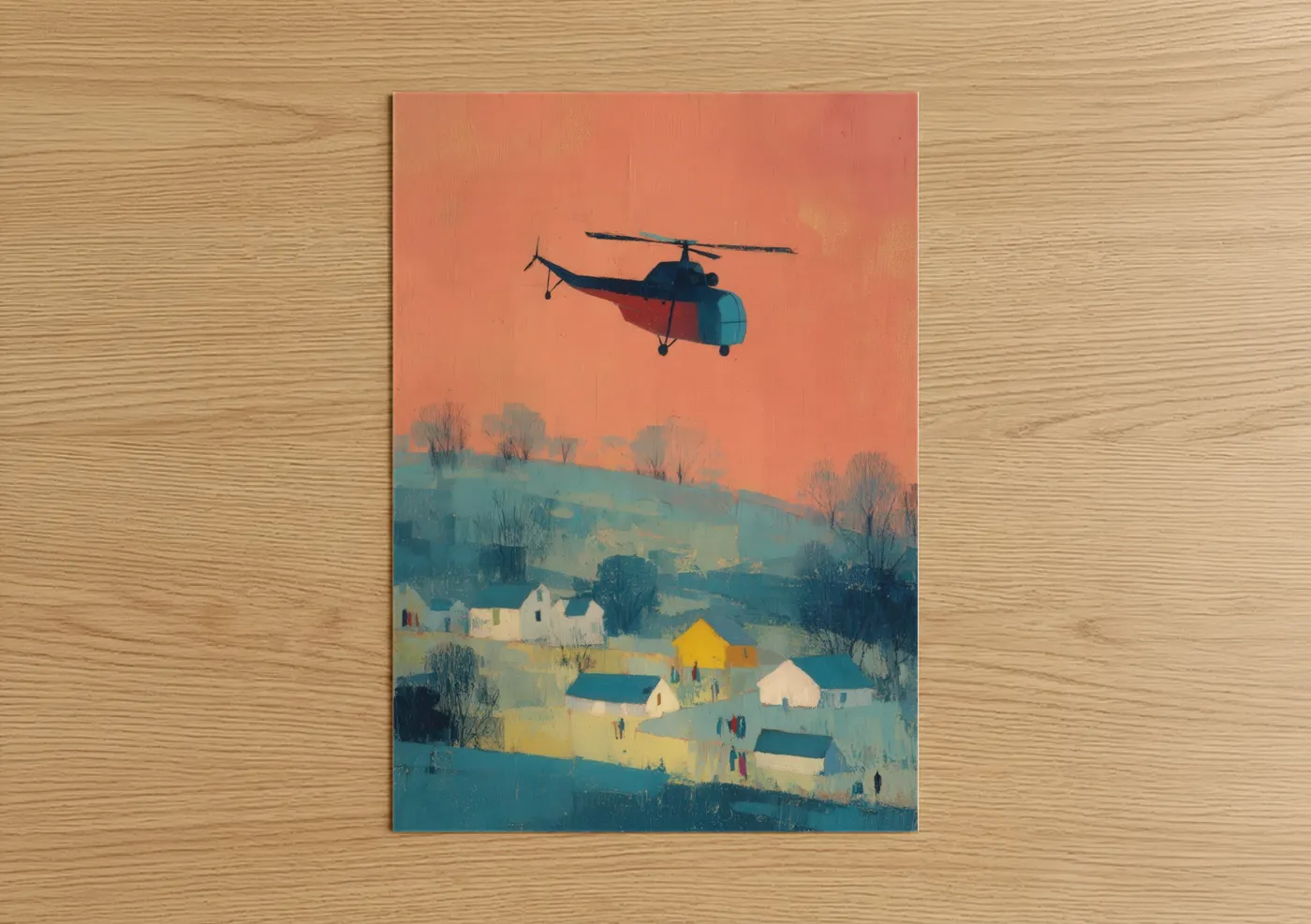 Helicopter Sunset Landscape Illustration Wall Art